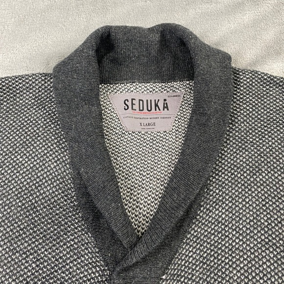 Seduka Sweater Mens XL Lambs wool Blend Shawl Collar Cardigan Elbow Patches Grey - Picture 9 of 11